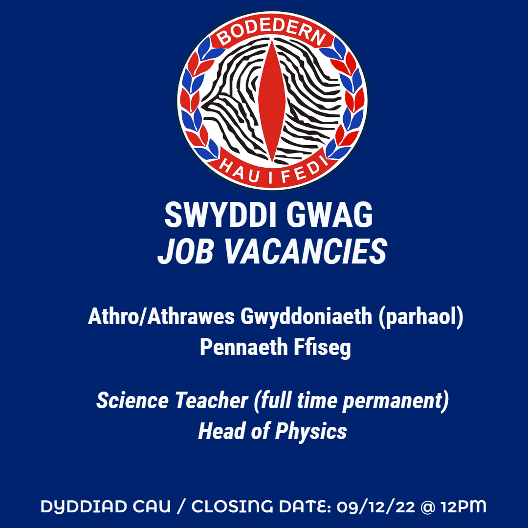 Swyddi gwag - rhannwch os gwelwch yn dda Job vacancies - please share @cydag_uwchradd @SwyddiMonJobs