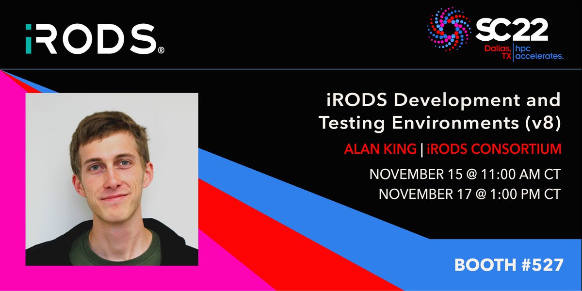 RENCI's tweet image. On Tuesday, Nov. 15, #SC22 attendees will be able to catch @iRODS talks on technology updates, development + #testingenvironments, and #protocolplumbing at #RENCI Booth #527 and beyond. #datamanagement #datastorage #iRODS