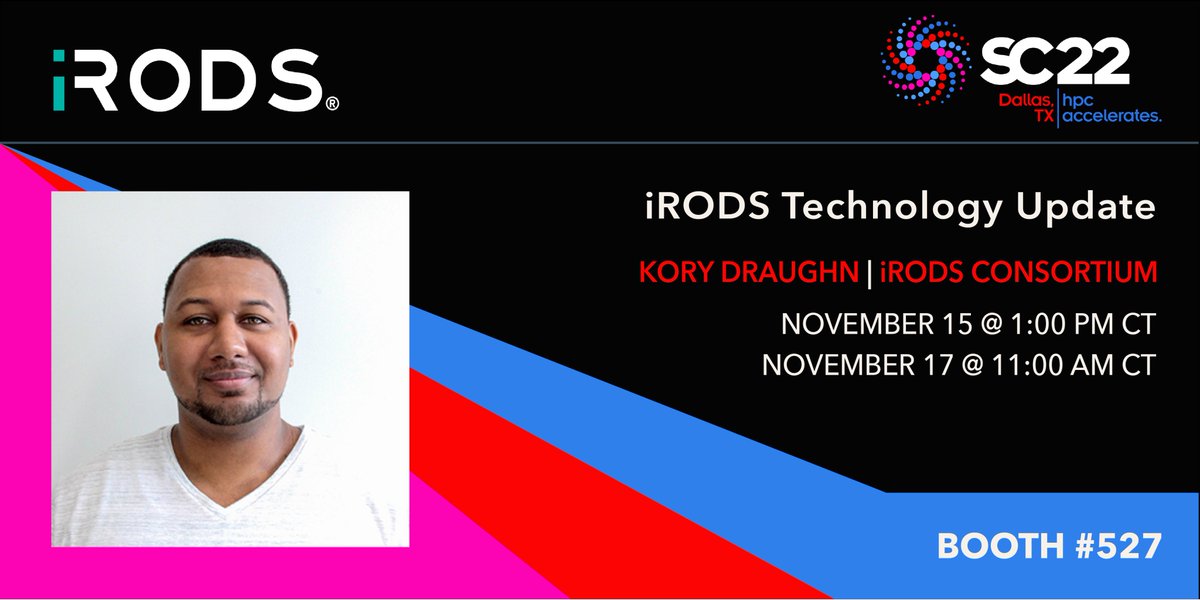 RENCI's tweet image. On Tuesday, Nov. 15, #SC22 attendees will be able to catch @iRODS talks on technology updates, development + #testingenvironments, and #protocolplumbing at #RENCI Booth #527 and beyond. #datamanagement #datastorage #iRODS