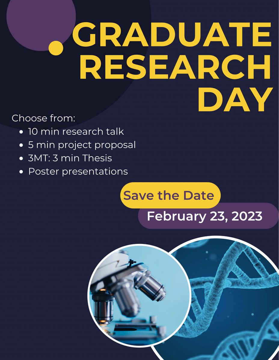 MacBGSS's tweet photo. The next Graduate Research Day will occur on February 23rd, 2023!

It will be an all-day event, we will have poster sessions, oral presentations, keynote speakers, lunch, raffles, and so much more!Registration will begin January 9th, 2023, and abstracts are due February 2nd, 2023 https://t.co/KUrumRB9rF