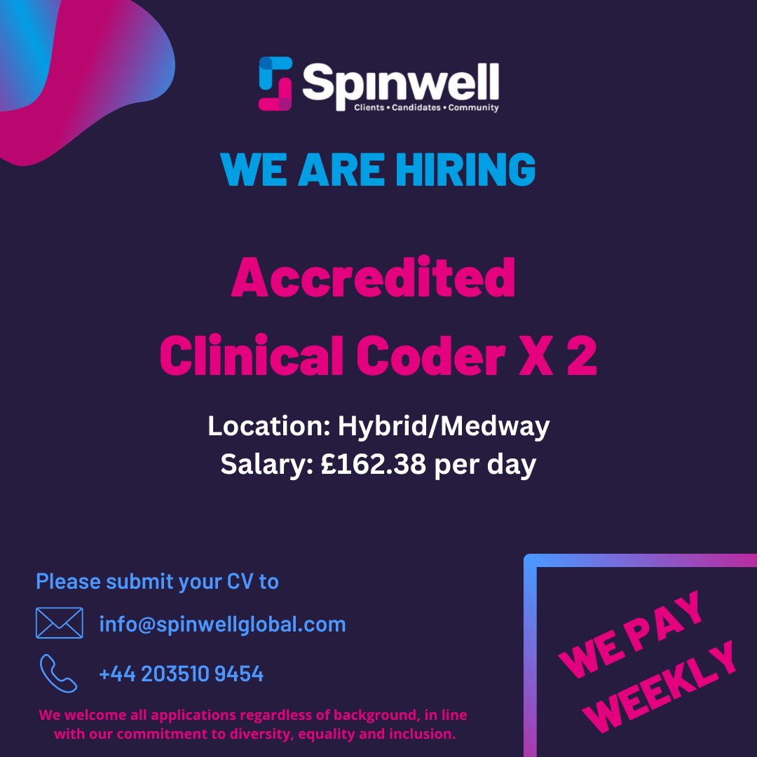 SpinwellGlobal's tweet image. 💻📱 ow.ly/Zgaa50LEVFf
💼 This is an excellent opportunity to work within the public sector
🟣 Accredited Clinical Coder X 2
📍 Hybrid/Medway
💰 £162.38 per day
⏰ 1 x 9 months and 1 x 12 months
#ClinicalCoder #lookingforwork #ClinicalCoderjobs #hiring