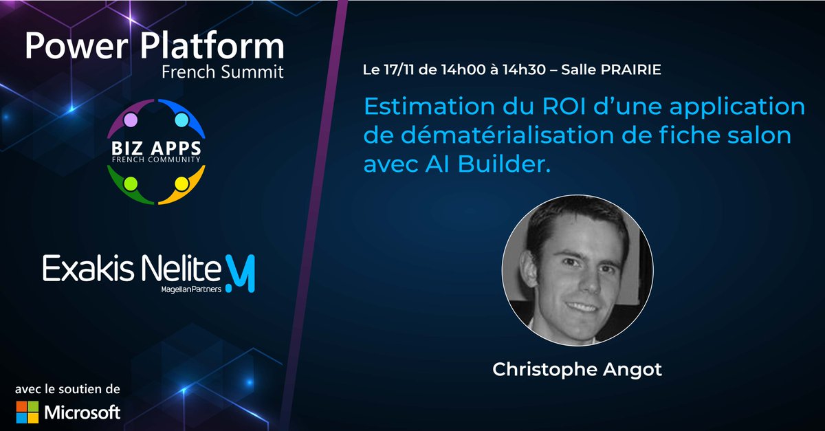 [EVENT] 17 au 18/11 - Paris 📅📢 – Le <a href="/french_summit/">Power Platform French Summit</a> c’est dans 2 jours ! 
Participez à la session de notre expert Christophe Angot : « Estimation du ROI d’une #application de #dématérialisation de fiche salon avec #AI Builder »

#PPFS2022 ➡ exakis-nelite.com/article/power-…