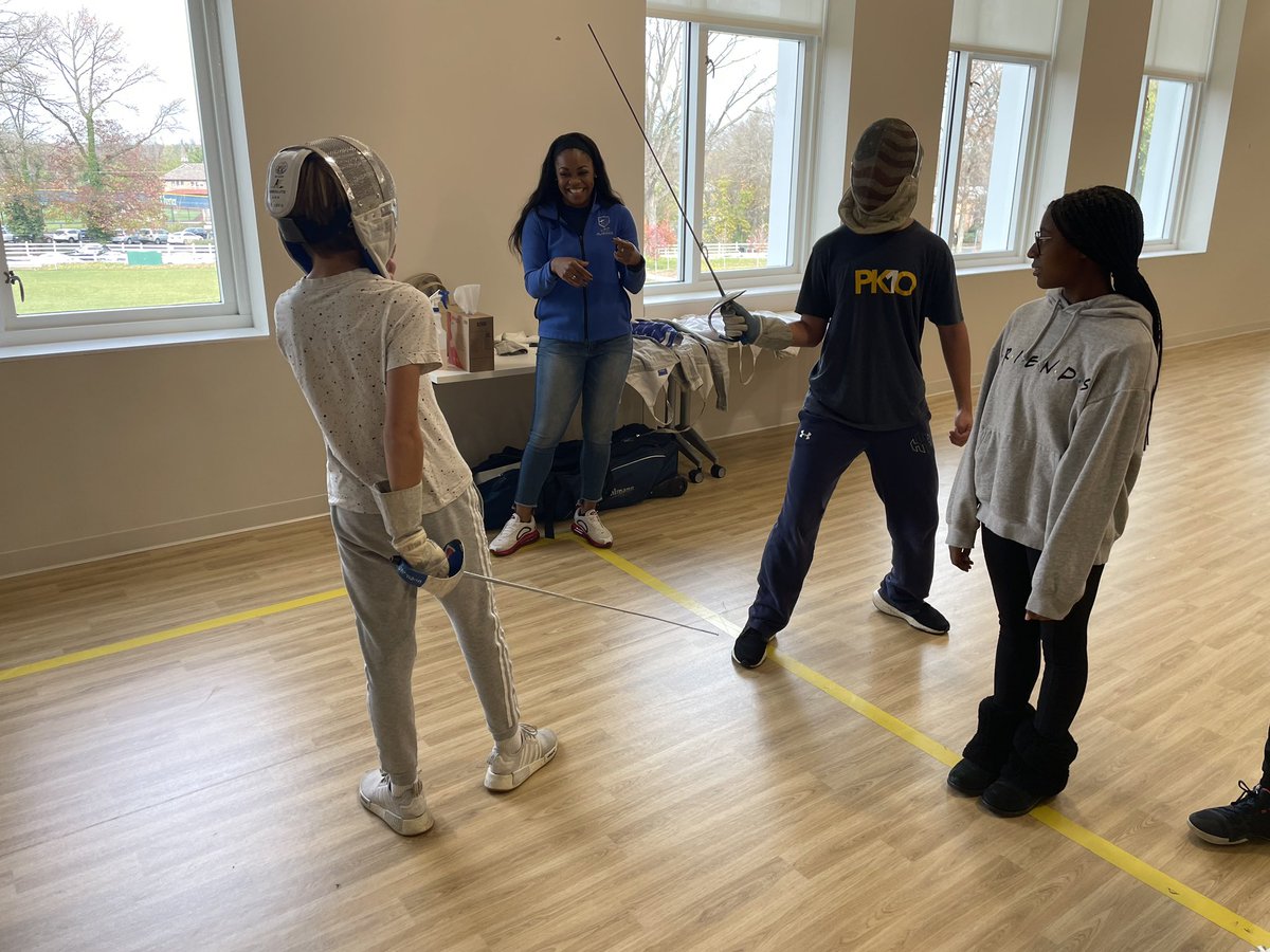 PCMiddle's tweet image. Dr. Thompson teaching 8th graders the fundamentals of fencing!