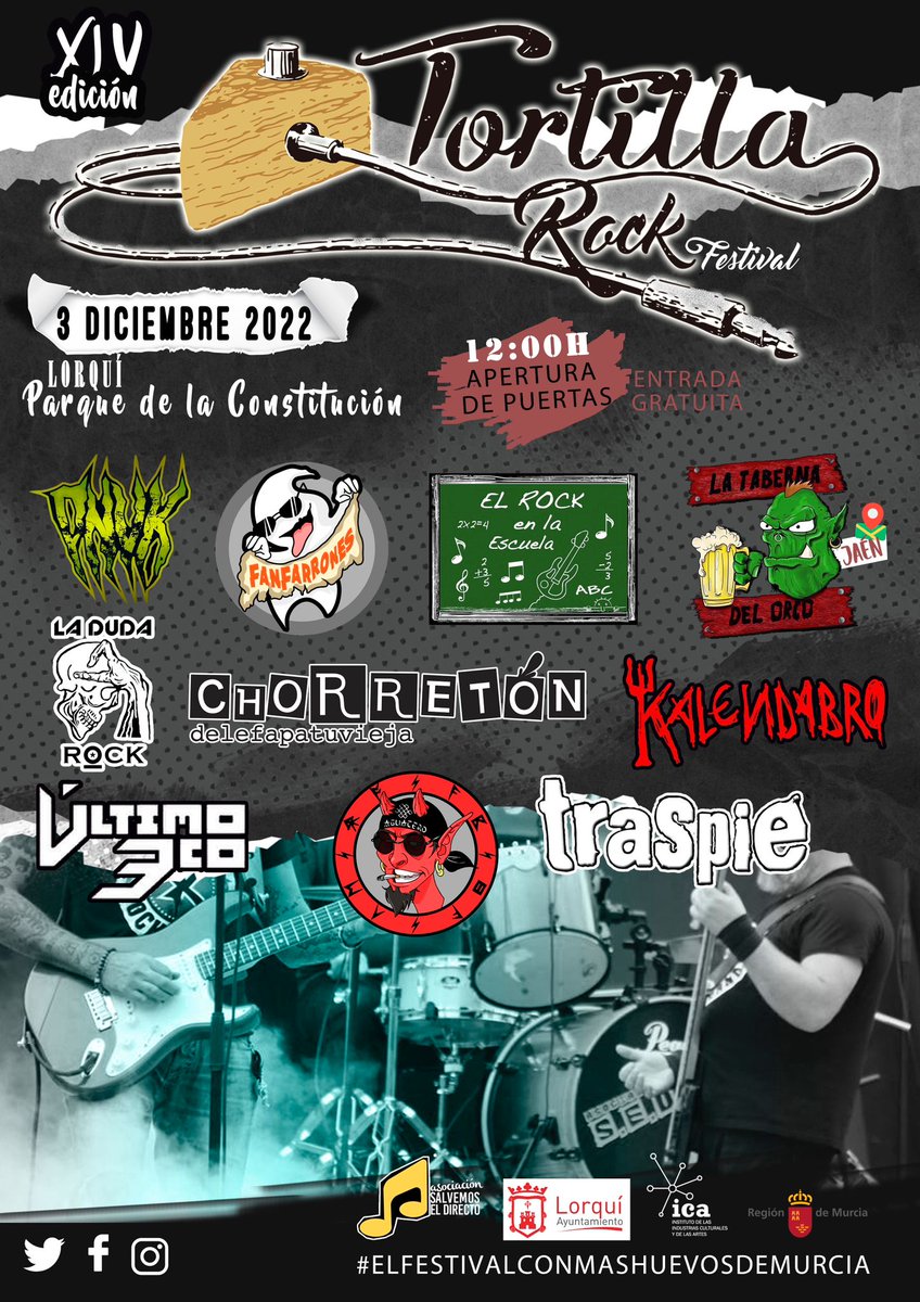 Asociacionsed's tweet photo. Y 2 mejor que 1.  Ya está en marcha una nueva edición del #TORTILLAROCK será el sábado 3 de diciembre en #Lorqui #Murcia 10 bandas, 12 horas de música en directo. El festival con mas huevos de Murcia. https://t.co/6FNpKu7hur