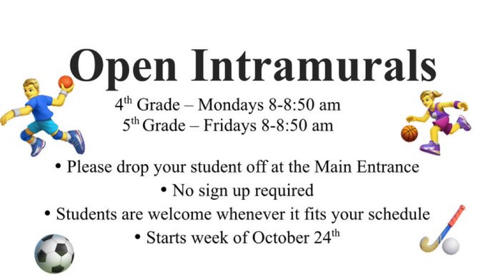Walt Disney Physical Education, Gates Chili CSD (@peatwd) on Twitter photo ⚽️🏀🏐🎾🥎⚾️🏉🏈Don’t forget Intramurals for 4th Grade is 8am Mondays and 5th Grade is 8am Fridays! #Fun #exercise #games <a href="/gcwaltdisney/">GC Walt Disney Elementary School</a> ⚽️🏀🏐🎾🥎⚾️🏉🏈Don’t forget Intramurals for 4th Grade is 8am Mondays and 5th Grade is 8am Fridays! #Fun #exercise #games <a href="/gcwaltdisney/">GC Walt Disney Elementary School</a>