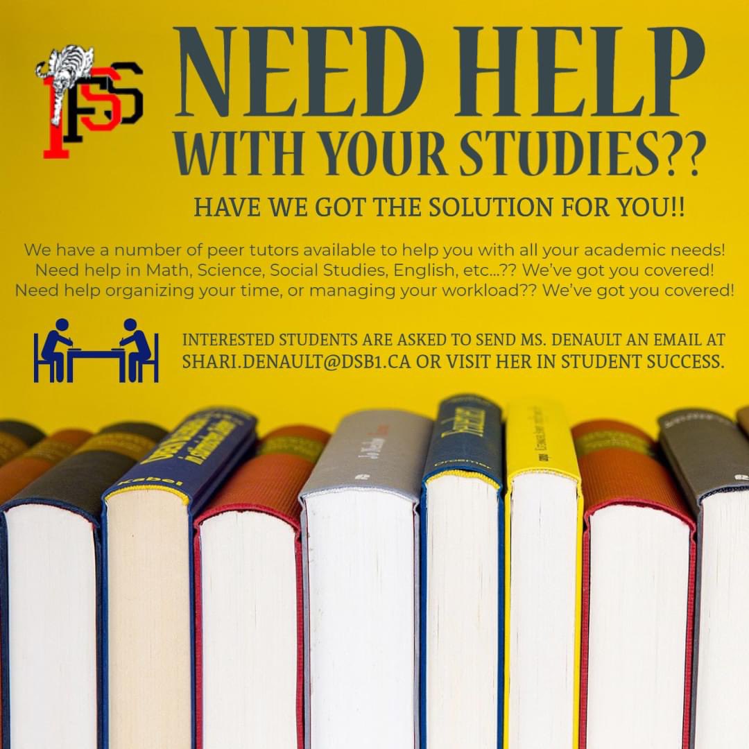We now have in-house peer tutoring available for any interested students in grade 7-12!  We have the ability to cover all disciplines, including Math and Science, as well as as organizational, time-management, and tech support!