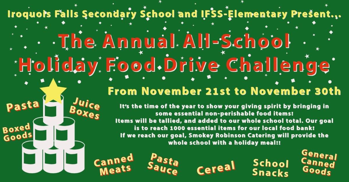 The All-School Holiday Food Drive Challenge is just days away!!!!  Start collecting your essential non-perishable food items...we start collecting on November 21st!!

Stay tuned for more information in the coming days!!!!!!