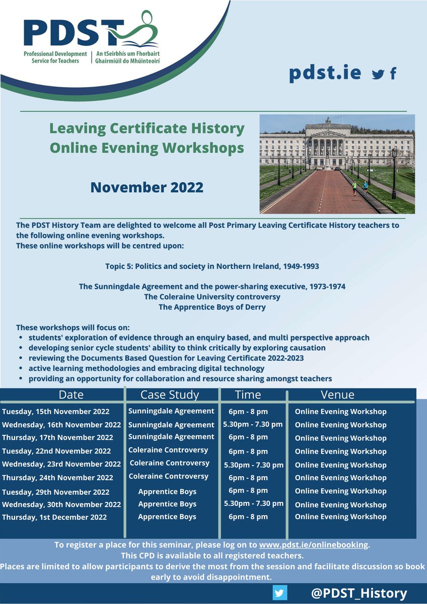 The <a href="/PDST_History/">PDST_History</a> team are delighted to invite you to our LC workshops on: Topic 5: Politics and Society in Northern Ireland, 1949 - 1993 (Case Studies).

Details can be found below👇
Online booking at pdst.ie/onlinebooking 
#LCHist #PDST <a href="/PDSTie/">PDST</a>