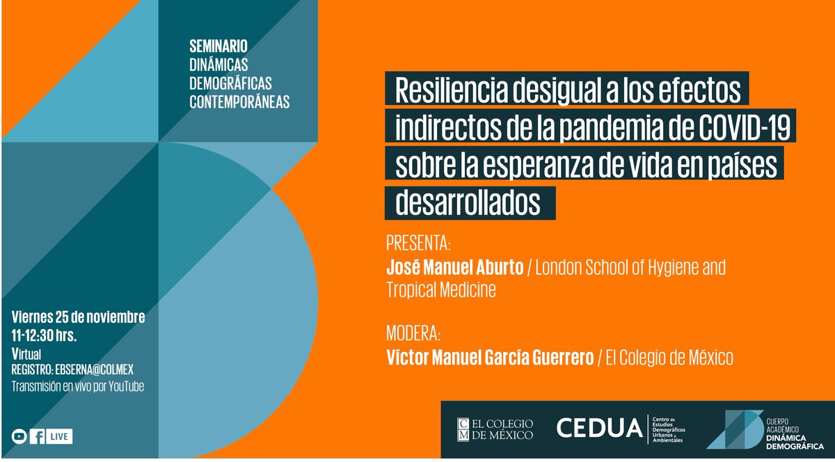CA DINÁMICA DEMOGRÁFICA (@ddemogcolmex) on Twitter photo #MartesDemográfico
¡Felices de tener en 4o evento <a href="/DDemogColmex/">CA DINÁMICA DEMOGRÁFICA</a> a @jm_aburto!
Resiliencia desigual a los efectos indirectos de la pandemia #COVID19 sobre la esperanza de vida en países desarrollados
José Manuel Aburto <a href="/PSG_LSHTM/">Population Studies Group, LSHTM</a>
Modera: <a href="/vicmgg/">Víctor M. García G.</a> <a href="/elcolmex/">El Colegio de México</a>
📅 25/11, 11-12:30hs #MartesDemográfico
¡Felices de tener en 4o evento <a href="/DDemogColmex/">CA DINÁMICA DEMOGRÁFICA</a> a @jm_aburto!
Resiliencia desigual a los efectos indirectos de la pandemia #COVID19 sobre la esperanza de vida en países desarrollados
José Manuel Aburto <a href="/PSG_LSHTM/">Population Studies Group, LSHTM</a>
Modera: <a href="/vicmgg/">Víctor M. García G.</a> <a href="/elcolmex/">El Colegio de México</a>
📅 25/11, 11-12:30hs