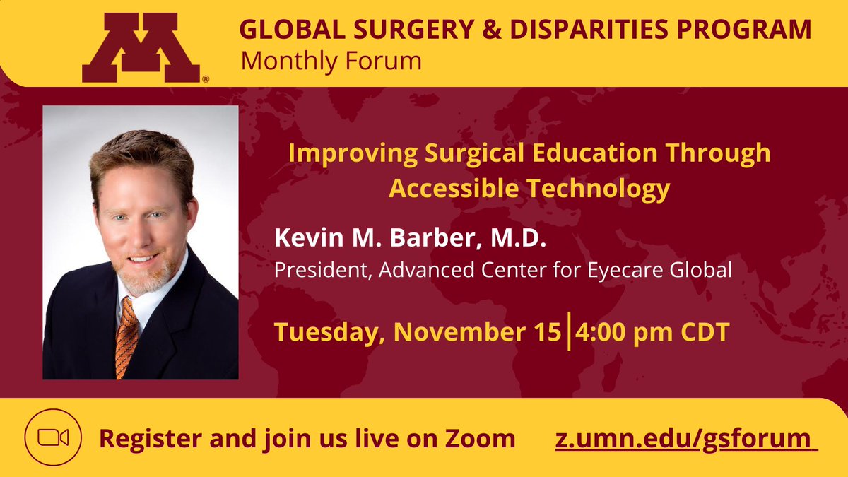 Join us this afternoon for our UMN GSD Monthly Forum with Dr. Kevin Barber. All are welcome! Register at z.umn.edu/gsforum #globalhealth #globalsurgery