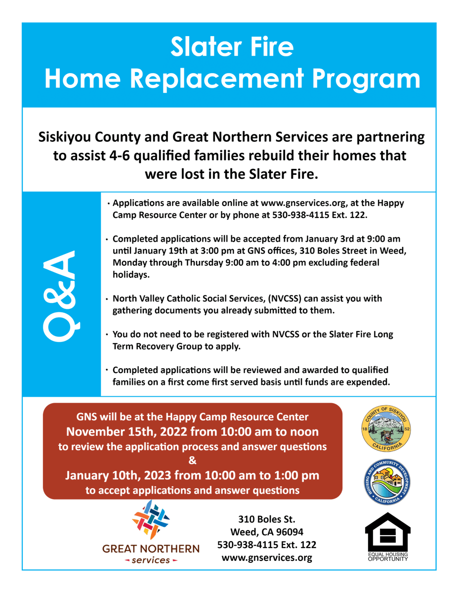 GNServ's tweet photo. We will be in Happy Camp today to assist with applications for the Slater Fire Home Replacement Program. 

Estaremos en Happy Camp hoy para ayudar con las solicitudes para el Programa de reemplazo de viviendas Slater Fire.

#happycamp #slaterfire #rebuilding https://t.co/6PEwQluHl5