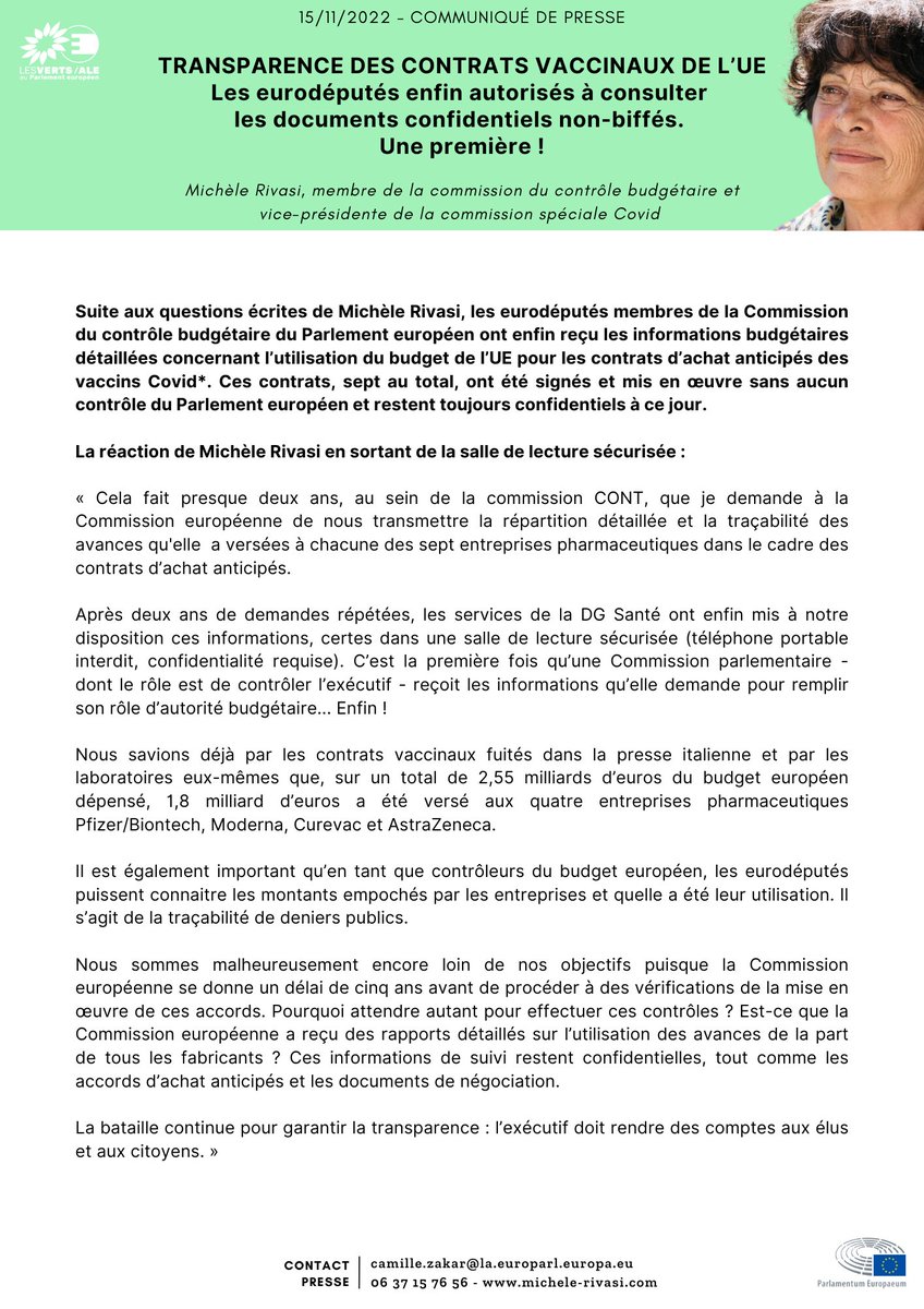MicheleRivasi's tweet photo. 🔴Les eurodéputés enfin autorisés à consulter 
les documents confidentiels non-biffés des contrats d’achat anticipés des vaccins Covid. Une première !
Certes, mais en salle de lecture sécurisée : pas de téléphone, pas de photocopies, pas d’avis extérieur autorisé. Ma réaction👇 https://t.co/xsQtous8H8