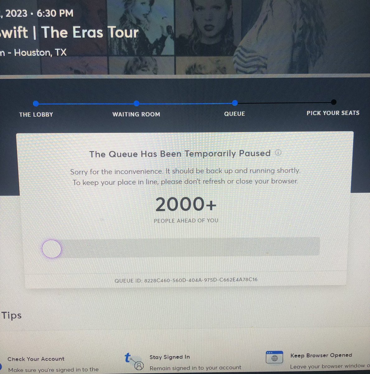 sbeeeZzy's tweet photo. @TMFanSupport Still showing a paused queue 40 minutes later… is this going to be fixed? How are others getting tickets right now? @TMFanSupport @Ticketmaster @taylorswift13 @taylornation13 https://t.co/49X6EfzvWu
