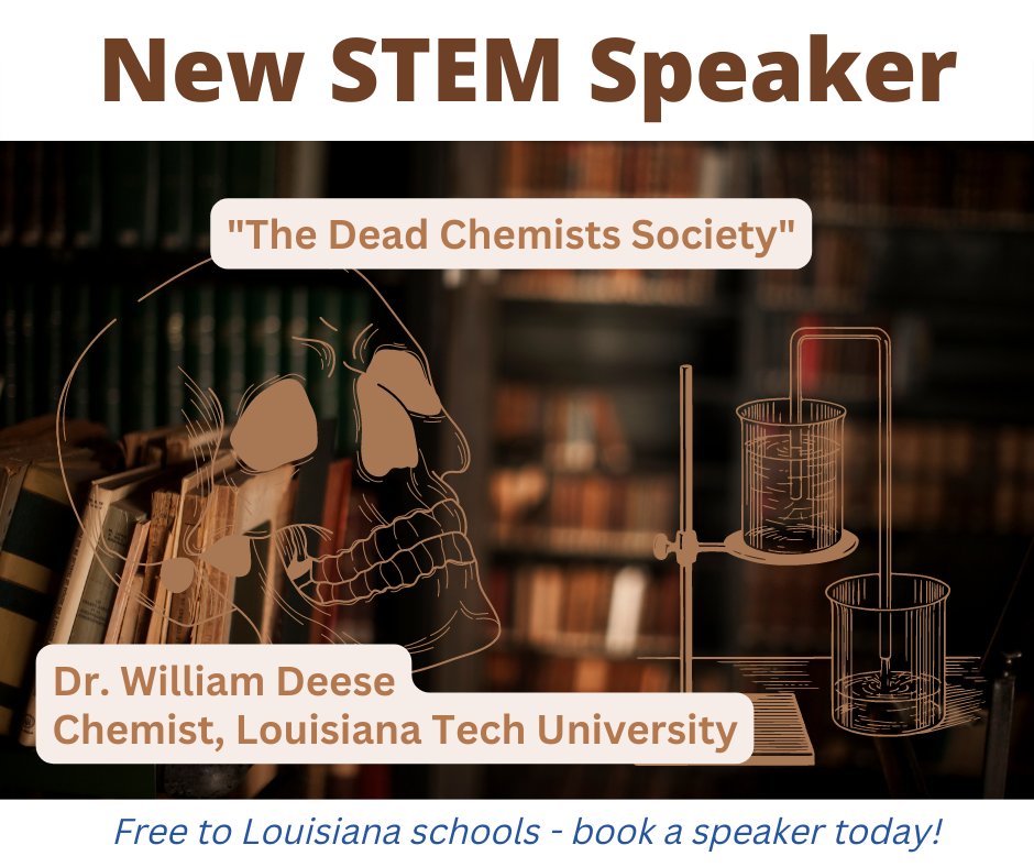 Dr. William Deese, Chemistry Prof at LATech, connects students to the chemistry world with his performance art chemistry presentation, "The Dead Chemists Society." Available for 9th - 12th &amp; college students. Book: rsi.laregents.edu/speaking-of-sc…
#stemeducation #SpeakersBureau #carpediem