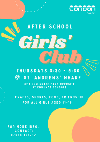 TowerHamletsCVS's tweet photo. After School Girls’ Club. For all girls aged 11-19. Thursdays- 3.30-5.30pm @ St. Andrews Wharf, E14, Skate Park opposite St. Edmunds School.
For more information, contact 07568 128 712
#Crafts #Sports #Food #Friendship #THICN #MyEnds @OsmaniTrust @CanaanProject https://t.co/APkPl1sBXM