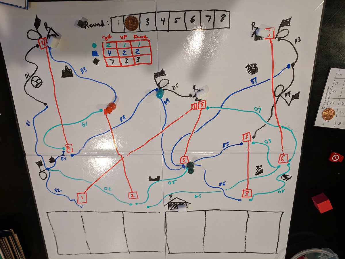 jasonklinke's tweet photo. @a_man_possessed Here are a few of the earliest prototypes of Skull Canyon: Ski Fest and the final published version. Made heavy use of dry-erase markers, Lego, random bits from other games, and lots of paper and tape. https://t.co/W6ITBoiAit