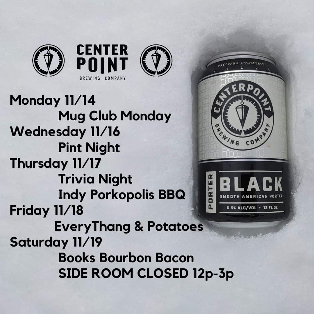 Centerpoint Brewing (@centerpointbrew) on Twitter photo This week at Centerpoint:
<a href="/IndysLiveTrivia/">Indy's Live Trivia</a> <a href="/IndyPorko/">Indy Porkopolis</a>
<a href="/bksbrbnbcn/">Books Bourbon Bacon</a>
#drinkIN #indybrewery #indycraftbeer #craftbeer #brewerytrivia #trivianight #indytrivia #NearEastSideIndy #foodtruck #indyfoodtruck #loadedfries #bbqtruck #bbbbreadtruck #burgers #indyevents #eventrentals This week at Centerpoint:
<a href="/IndysLiveTrivia/">Indy's Live Trivia</a> <a href="/IndyPorko/">Indy Porkopolis</a>
<a href="/bksbrbnbcn/">Books Bourbon Bacon</a>
#drinkIN #indybrewery #indycraftbeer #craftbeer #brewerytrivia #trivianight #indytrivia #NearEastSideIndy #foodtruck #indyfoodtruck #loadedfries #bbqtruck #bbbbreadtruck #burgers #indyevents #eventrentals
