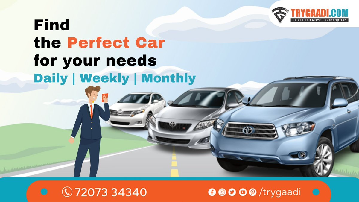 Find the perfect car for your needs.

Daily | Weekly | Monthly.

Book your rental car now - trygaadi.com 

#trygaadi #carsforrent #carrental #cars4all #bestcarrental #outstationcarentals #selfdrivecars #selfdrivecarsinsecunderabad #sanitizedcar #safecar