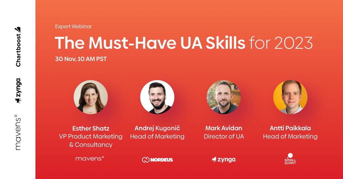 zynga's tweet image. Join @storemaven, @chartboost, and @zynga on November 30th for a live discussion on the ongoing changes in the UA world and how all of this affects the work and day-to-day of our teams. Register for the webinar here: zynga.social/ivaa