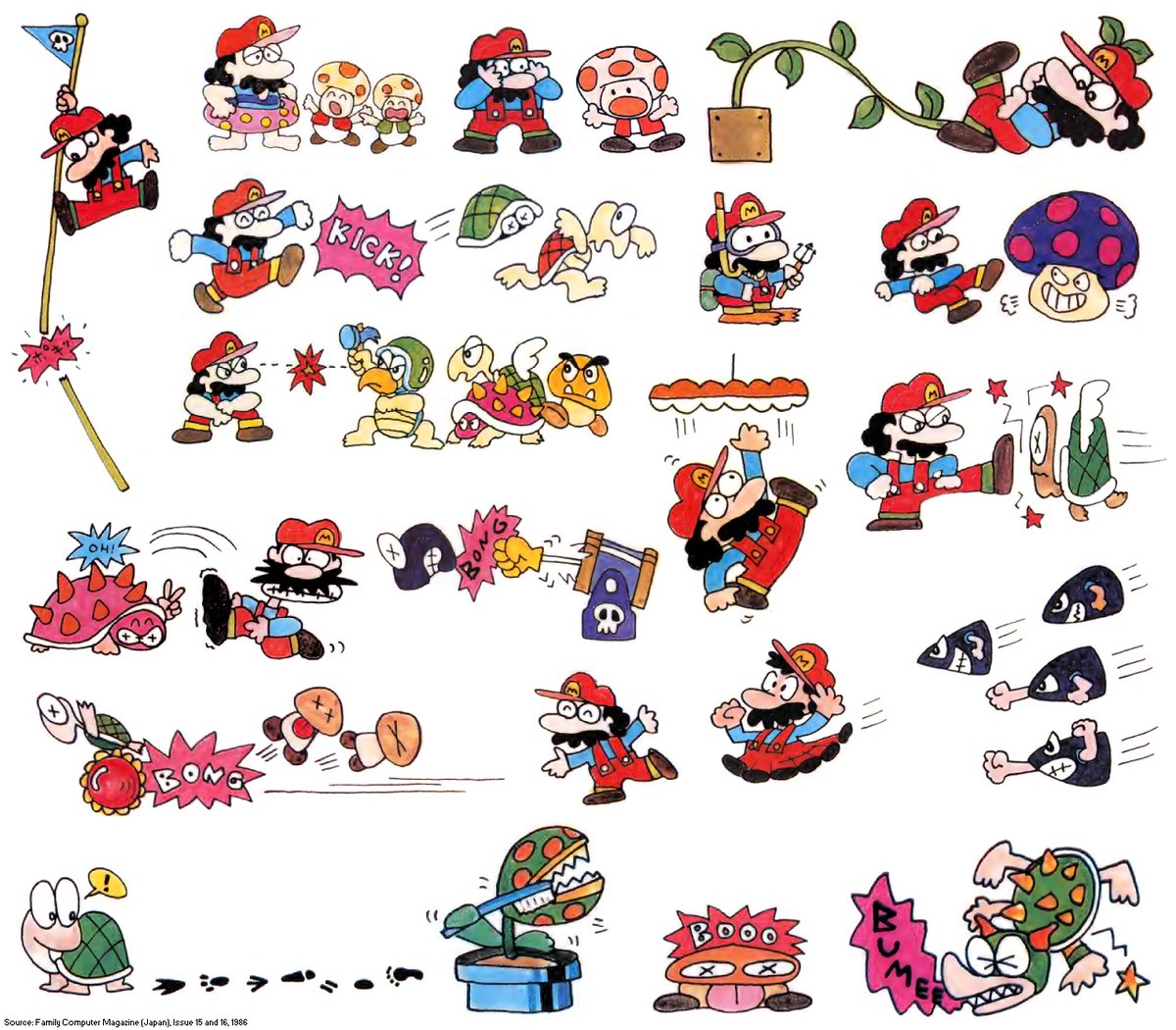 A 1986 guide for Super Mario Bros.: The Lost Levels from the Japanese Family Computer Magazine contained many comedic illustrations of Mario and other characters from the game. Below is a selection of drawings from the guide.