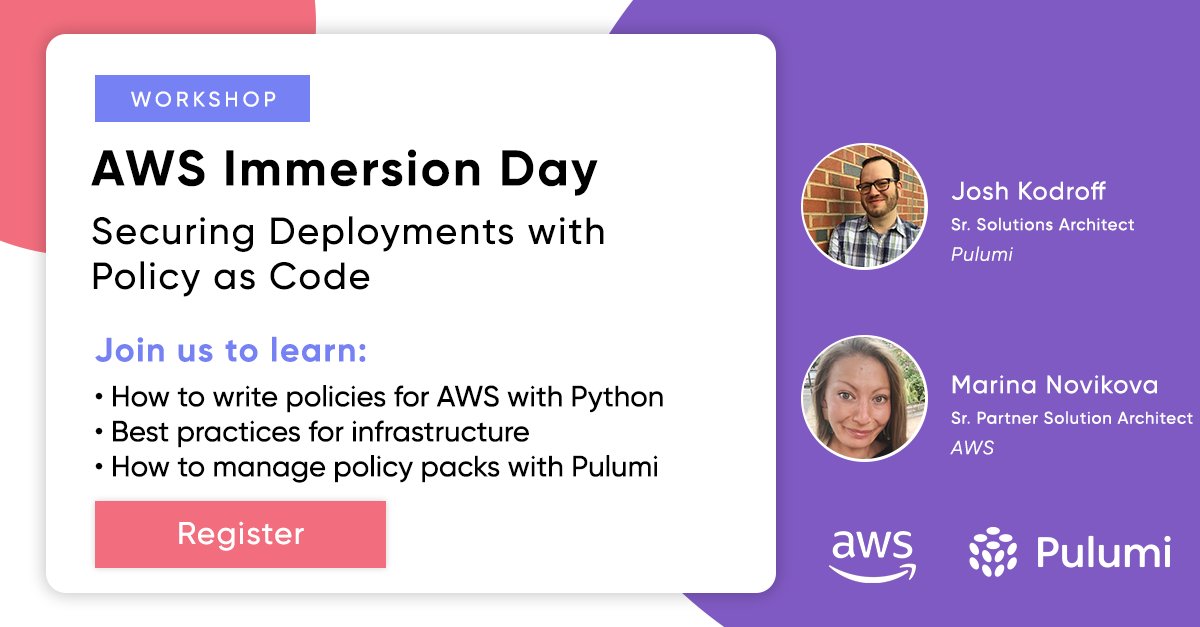PulumiCorp's tweet photo. JOIN @AWS Immersion Day with @@novikova_marina (#AWS) and @JoshKodroff (#Pulumi). Learn how to enforce Best Practices by creating policies with scalability, writing policies with #Python, and managing policy packs.
#InfrastructureAsCode #DevOps #DevSeOps https://t.co/q26XDuVBhh https://t.co/UUBkn3f9gA