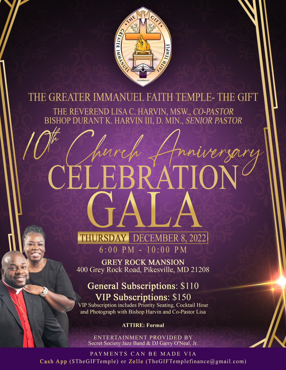 TheGIFTemple's tweet photo. We would love for you to join us as we celebrate our 10th Church Anniversary! We’re celebrating in grand style with our Celebration Gala, being held Thursday, December 8 at the Grey Rock Mansion in Pikesville, Maryland. You still have time to purchase a subscription! https://t.co/zofcUEf6GC