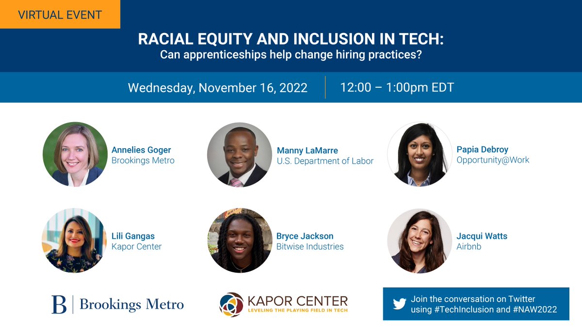 SPEAKER ADDED for our 11/16 event with the @KaporCenter on #TechInclusion. Tune in to hear @MannyLamarre discuss the promise of apprenticeships in accelerating racial diversity in tech. brookings.edu/events/racial-…