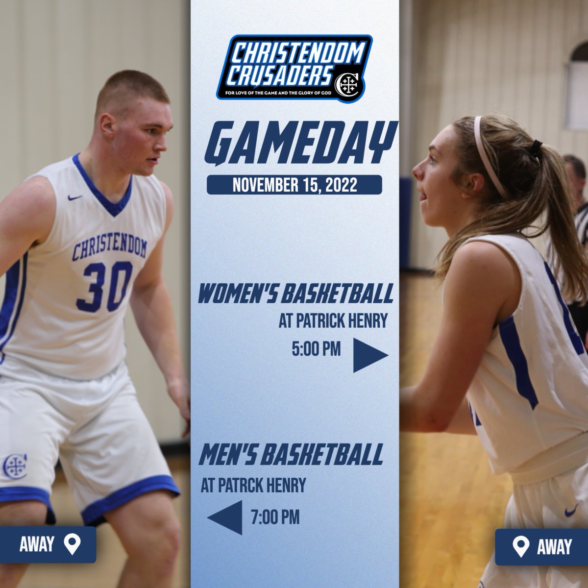 HERE. WE. GO. 

The first games of basketball season are finally here! Both the Men and the Women travel down to Purcellville, VA to take on Patrick Henry College! The Women start at 5 PM and the Men start at 7 PM!

#GoCrusaders🔵⚪️