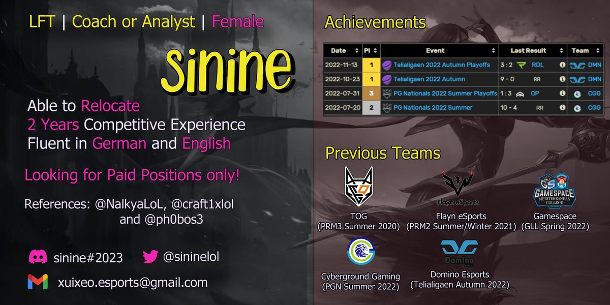 After a pretty successful year I am LFT for 2023, preferably Assistant Coach in major ERL1/2.

Likes and retweets appreciated ❤️

For more information don't hesitate to contact me via dms.

lol.fandom.com/wiki/Sinine