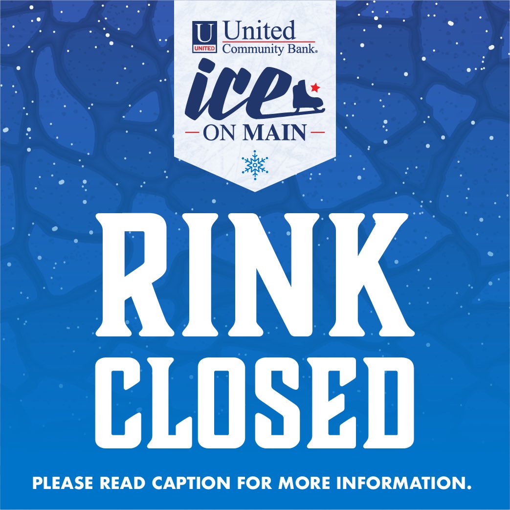 gvilleevents's tweet photo. Rink Update! 🚨 @ucbi Ice on Main will be closed Tuesday, November 15 due to forecasted weather. We hope you will join us another day this week to enjoy the magic on Main! 

#gvilleevents #whatsgoingongvl #iceonmain https://t.co/i7dFHXDggU