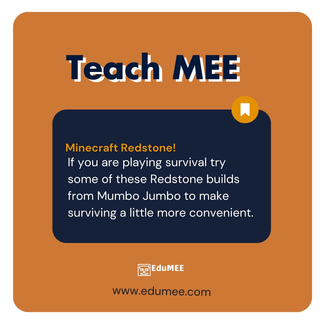 EduMEE2's tweet photo. A little Wednesday tip: TEACH MEE

If you are playing survival try some of these Redstone builds from Mumbo Jumbo to make surviving a little more convenient.

Here's a youtube video that can assist you: https://t.co/10TyBXKeeu https://t.co/iZTzzi9vG2