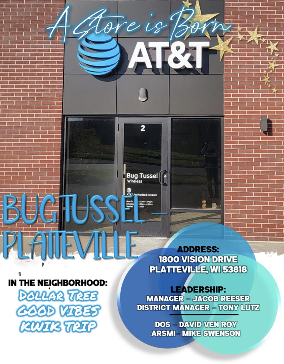GreaterLakesMkt's tweet photo. Hey GLM & @ATT!
We are excited to announce that Bug Tussel- Platteville in Wisconsin is officially open! Spread the word & retweet to let friends & family know that #AStoreIsBorn in GLM!
🙌🗣🤩🌊
@DavidVenRoy1 @MikeSwenson19 @berrayj https://t.co/GXtxMUxsu6