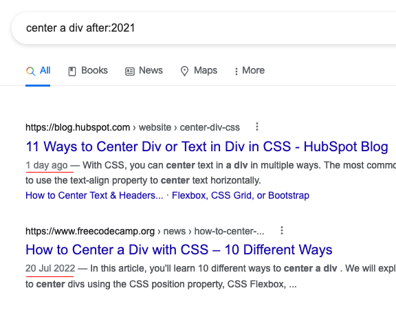 frontenddude's tweet photo. Tip💡

Use 'after:' at the end of your Google search to return results that were published after that time period.

For example - how to center a div after:2021 https://t.co/xah8bYZQ48