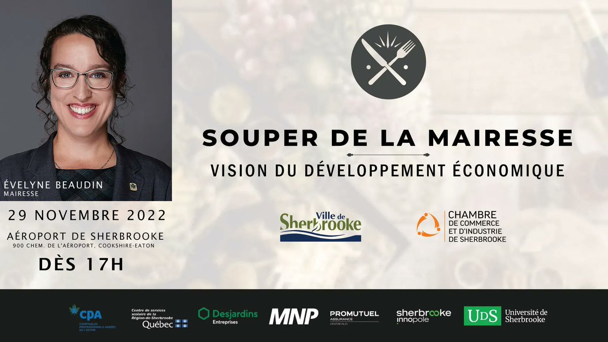 ccsherbrooke's tweet image. DERNIÈRE CHANCE! Dans deux semaines aura lieu le souper de la mairesse Évelyne Beaudin à l&apos;aéroport de Sherbrooke. Avez-vous réservé vos billets ? 
buff.ly/3SMThbK