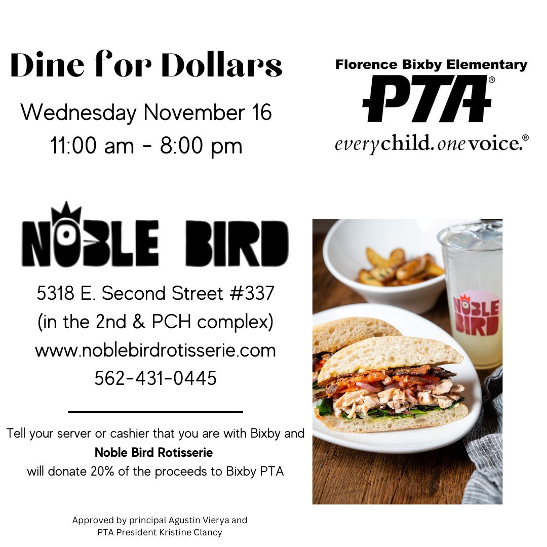 It's Bixby's Dining for Dollars!!! Mark your calendar, November 16th!!! Please see flyer for details.