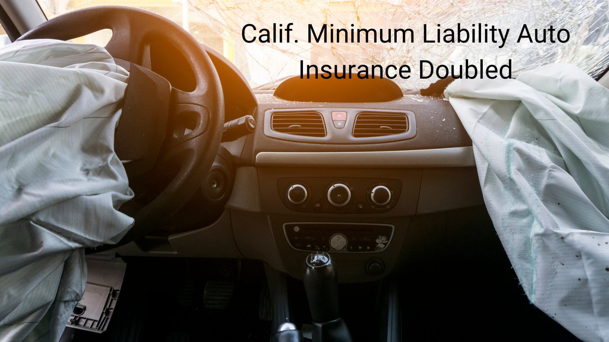 JimPocrass's tweet image. On Sept. 29, 2022, California Governor Gavin Newsom signed SB 1107, doubling California’s minimum liability insurance limits. The bill will go into effect Jan. 1, 2025. Drivers will be required to carry $30,000, $60,000 and $15,000. Proof of financial responsibility will be $75k.