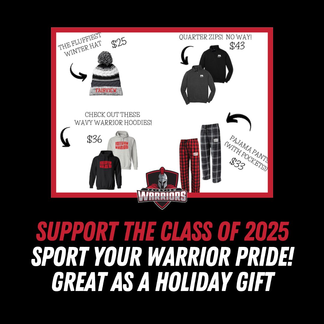 Support the Class of 2025 and SPORT YOUR WARRIOR PRIDE! 💪

Items are now available to purchase in time for the holidays, including winter hats, quarter zips and more! Purchase by Nov. 21. 

Place your order here: rycosportslw.com/schools/fairvi…