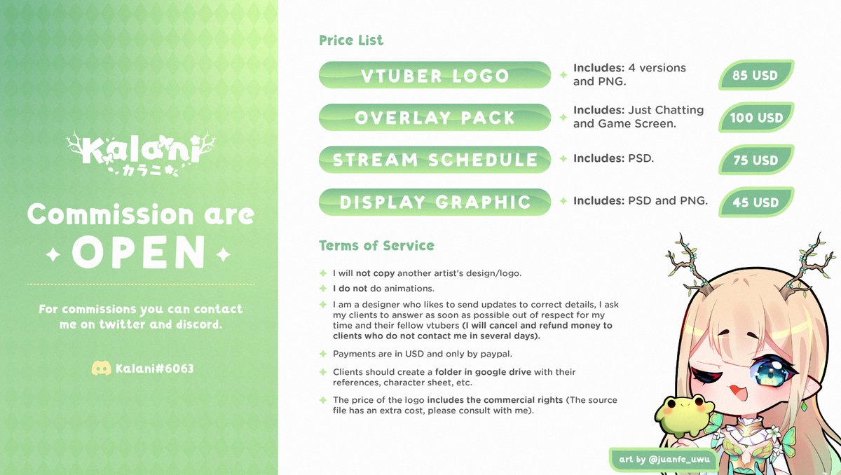✦ OPEN COMMISSIONS ✦
₊°︶︶︶︶︶︶︶︶︶︶︶︶︶ ‧₊˚
You can send me a DM or talk to me on discord Kalani#6063 ଘ(੭*ˊᵕˋ)੭ ♡
Portfolio: kalanistudio.carrd.co
Waitlist: trello.com/b/vvVVHjDqO/ka…

RT's are appreciated 🌿