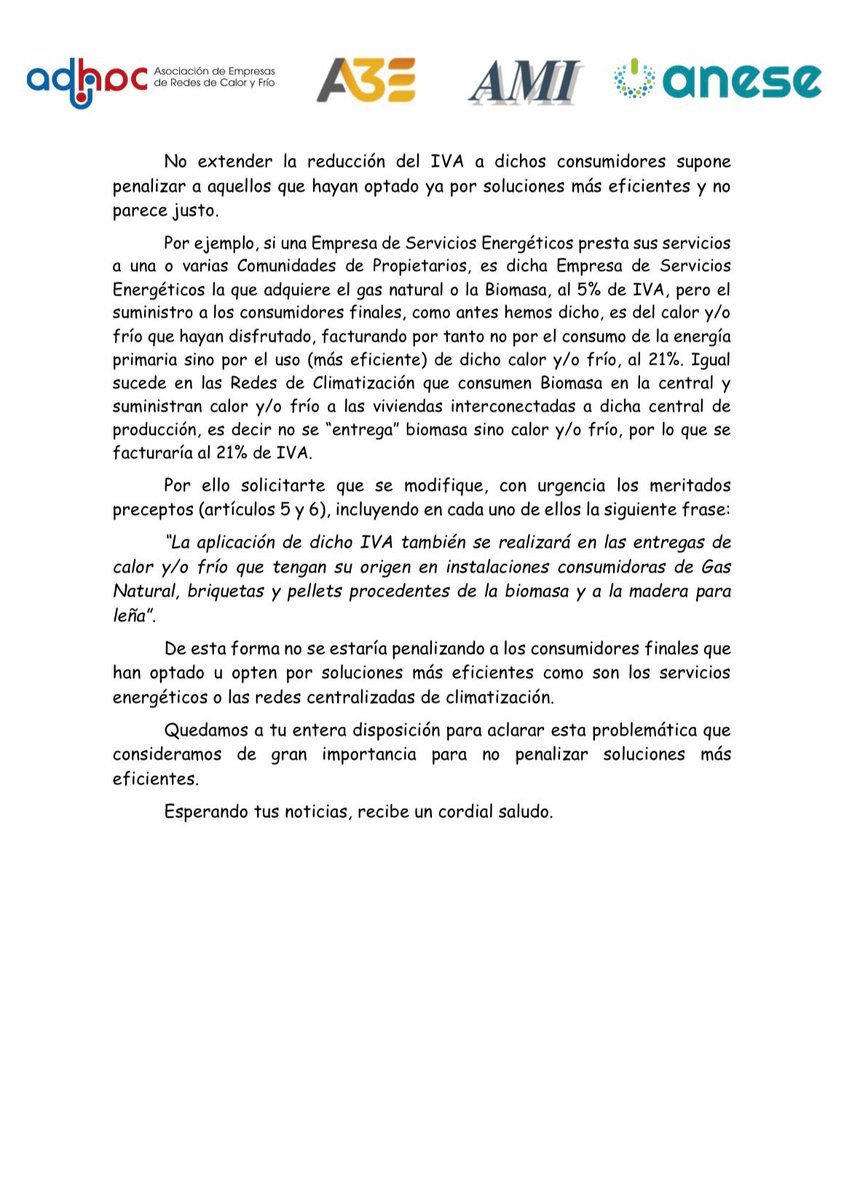 Adhac, <a href="/AMIAsociacion/">AMIAsociación</a>, @Asociacion3e y <a href="/ANESEASOCIACION/">ANESE</a> solicitan al <a href="/mitecogob/">Transición Ecológica y Reto Demográfico</a> que la reducción del IVA del #GasNatural y la #Bionasa se extienda a los servicios energéticos prestados con base en dichas energías
#EficienciaEnergética #DHC #RedesDeCalorYFrío #TransiciónEnergética