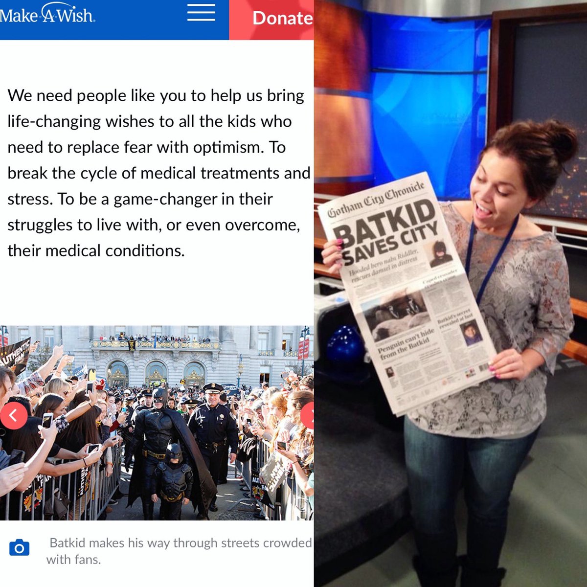 11/15/2013 was one of my favorite days working in news. Thousands transformed SF into Gotham City to rally behind #SFBatKid. I was an intern in this pic—thrilled to help share the story, of a 5 yo cancer survivor, that saved our city. #MakeaWish 
wish.org/batkid