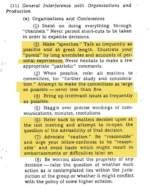 emollick's tweet image. One of the most illuminating management texts may be this WWII guide to sabotage for civilians from the CIA&apos;s precursor.

Look at the ideas for sabotaging office tasks to cause demoralization &amp;amp; delay. Recognize any? I wrote about how to solve these issues: oneusefulthing.substack.com/p/how-to-have-…