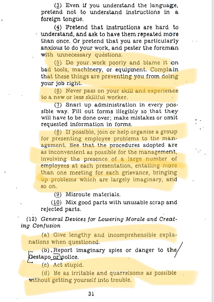 emollick's tweet image. One of the most illuminating management texts may be this WWII guide to sabotage for civilians from the CIA&apos;s precursor.

Look at the ideas for sabotaging office tasks to cause demoralization &amp;amp; delay. Recognize any? I wrote about how to solve these issues: oneusefulthing.substack.com/p/how-to-have-…