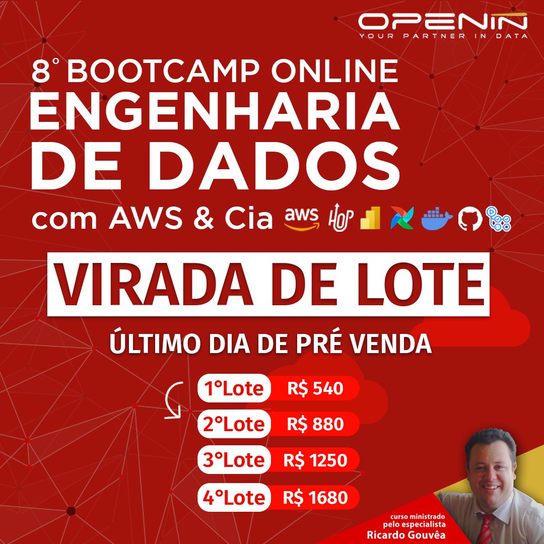 🍤 Camarão que dorme a onda leva! 🚨 Vai ter virada de lote do Bootcamp Data Engineering mais completo do mercado, nesta terça-feira (23h59)

Para mais informações, acesse: bit.ly/3UfNYlu