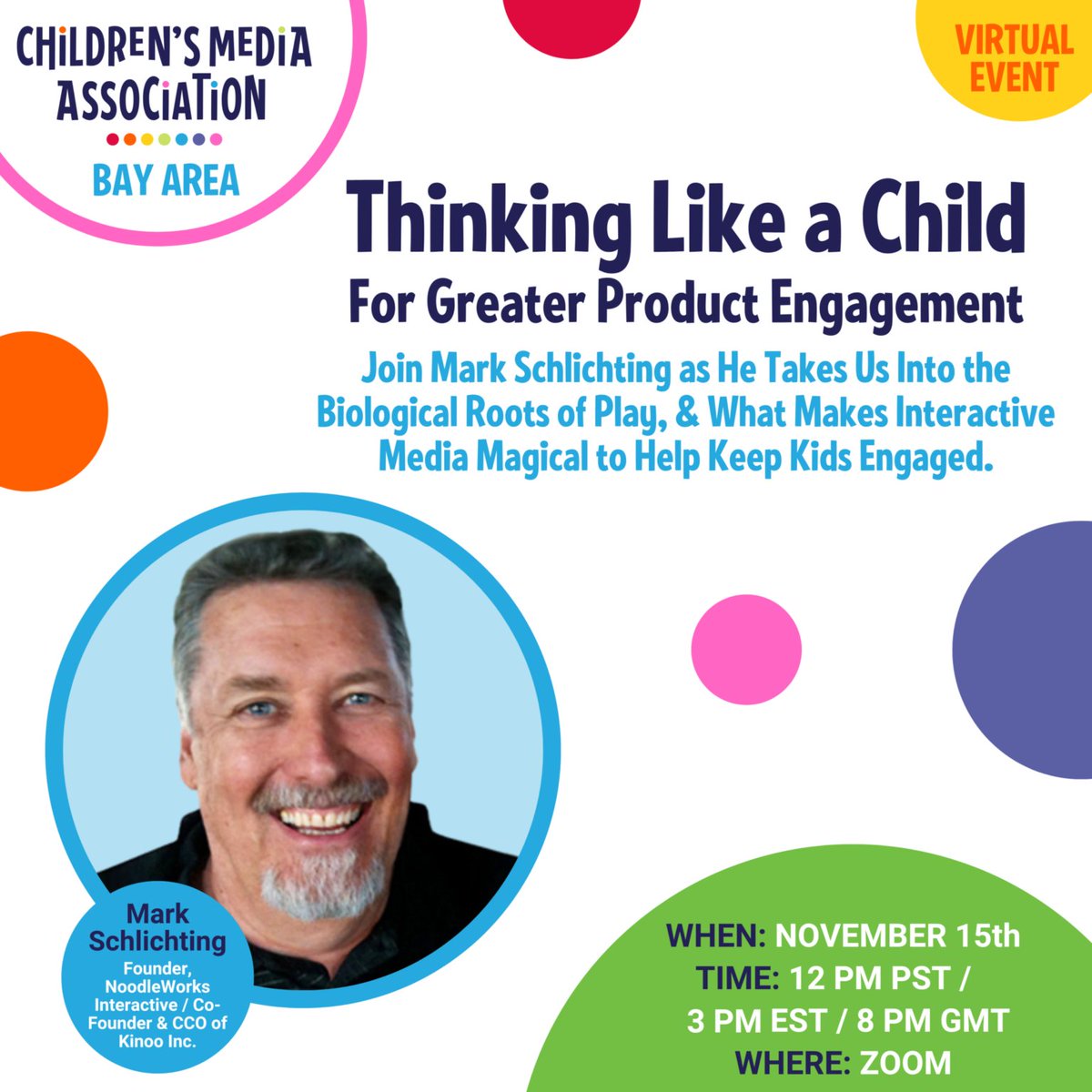 Hello friends and colleagues! Our next event with children's creative visionary Mark Schlichting is happening TODAY, 11/15 at 12 PM PT, 3 PM ET, and 8 PM GMT. This Zoom event is free to all. See you there! 
bit.ly/3O7SqAZ 

#edtech #kidtech #cma #childrensmedia