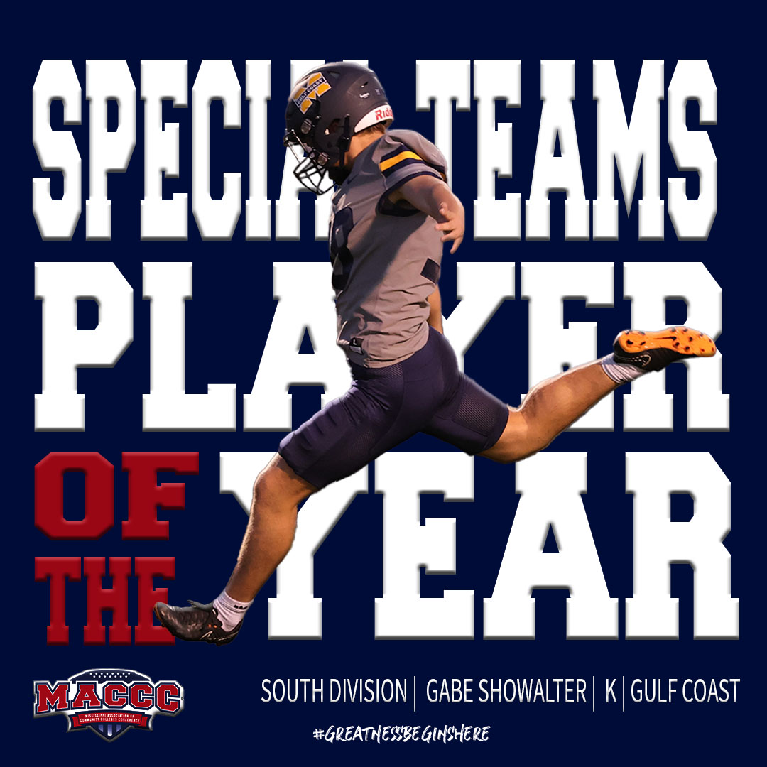 Gabe Showalter was atop the league in field goals made (8) and field goal percentage (80%). He earned MACCC South Special Teams Player of the Year as Mississippi Gulf Coast's secret weapon. #FBAllMACCC2022