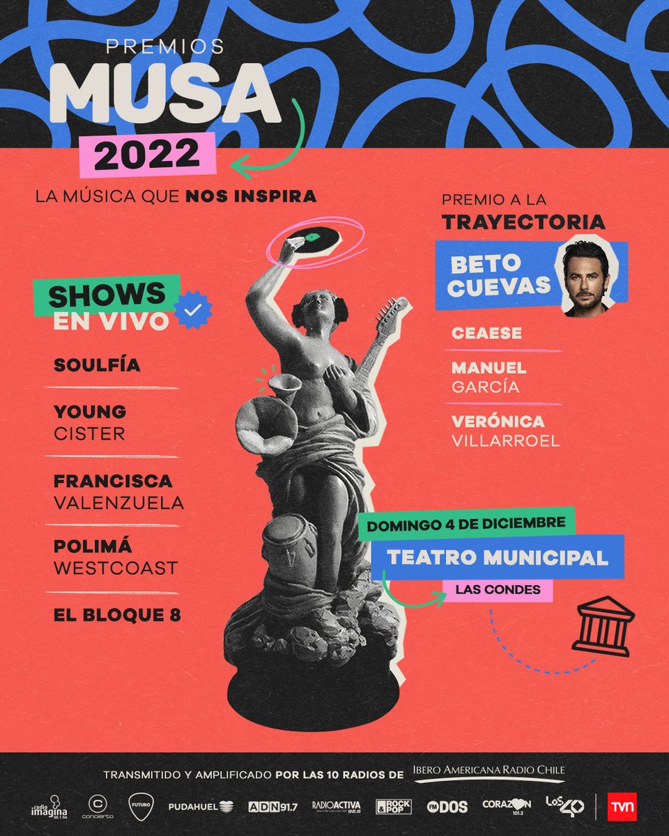 PremiosMusa's tweet photo. ¡Anótalo y prepárate! 🎶

Nos volvemos a ver el domingo 4 de diciembre para una nueva edición de #PremiosMUSA 🎤 En vivo por las 10 radios de Iberoamericana Radio, por las pantallas de @TVN y nuestras plataformas digitales 🔥

@PremiosMUSA 💙 La música que nos inspira https://t.co/9UEhn5wBqI