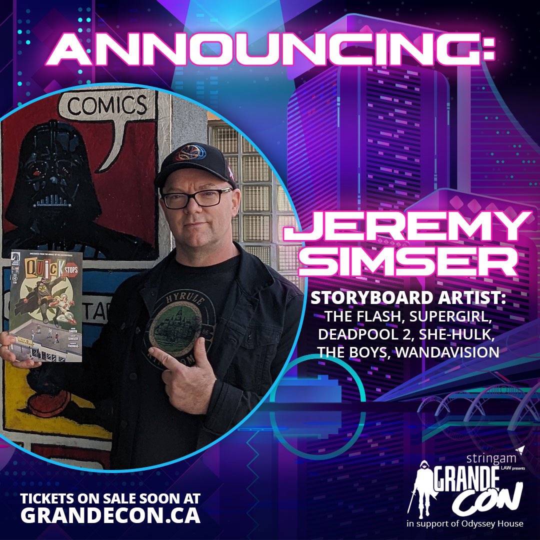 GrandeCon1's tweet photo. We've got our first guest announcement - storyboard artist #JeremySimser! He's worked on #TheFlash #Supergirl #TheBoys #WandaVision #Doctor Strange &amp; more! Tickets on sale soon! 
#GrandeCon #GrandePrairie #OdysseyHouseGP #popculture #comics https://t.co/QuIuAPPbqm