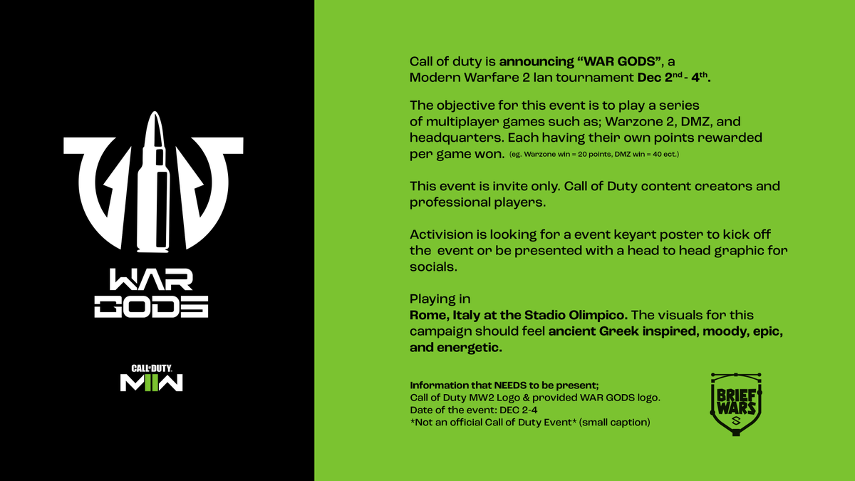Welcome to Brief Wars,

The graphic design challenge series open to everyone! Each brief is an open invitation to design against and show your creativity!

Later to be graded amongst those who've submitted.

Deadline: 12/4
&amp; Don't forget to tweet out your design using #BriefWars