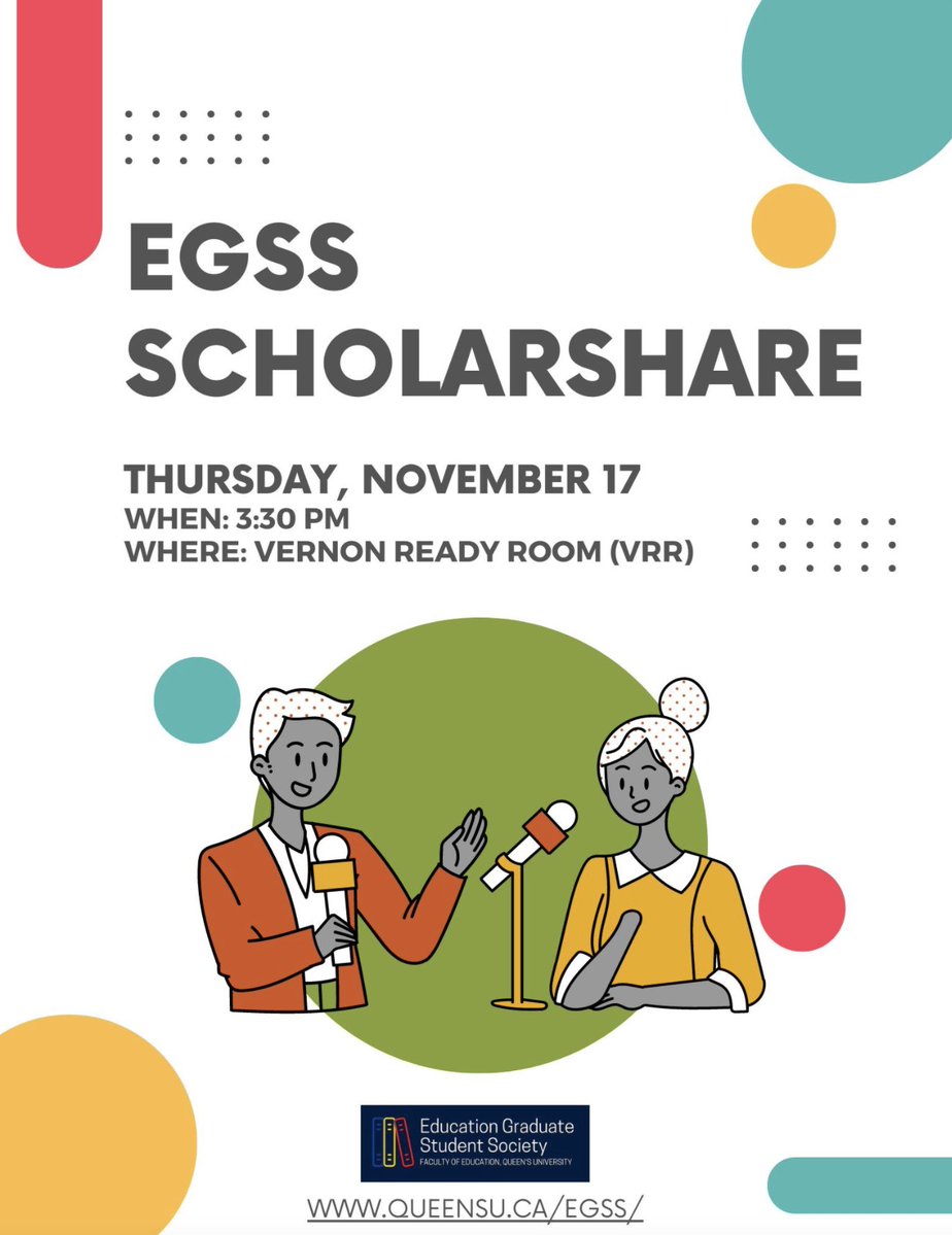 Queen's EGSS (@queensegss) on Twitter photo Our next ScholarShare will be on Nov 17 at 3:30 PM! Join your fellow <a href="/QueensEduc/">Faculty of Education</a> grad students for coffee, munchies, & networking!
Are you interested in sharing research? Do you have a problem you need help solving? DM us to sign-up for the next ScholarShare! 📝 Our next ScholarShare will be on Nov 17 at 3:30 PM! Join your fellow <a href="/QueensEduc/">Faculty of Education</a> grad students for coffee, munchies, & networking!
Are you interested in sharing research? Do you have a problem you need help solving? DM us to sign-up for the next ScholarShare! 📝