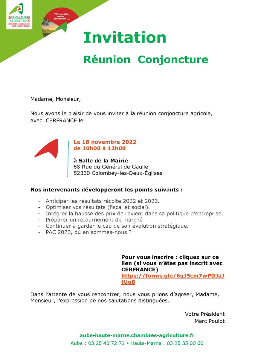 16 novembre à Lavau (14h) et 18 novembre à Colombey les deux églises (10h)
La Chambre d'agriculture et Cerfrance vous invitent à la réunion #conjoncture #agricole.
Un programme riche pour anticiper, optimiser, préparer, continuer. Inscrivez-vous : bit.ly/3TEa2FN